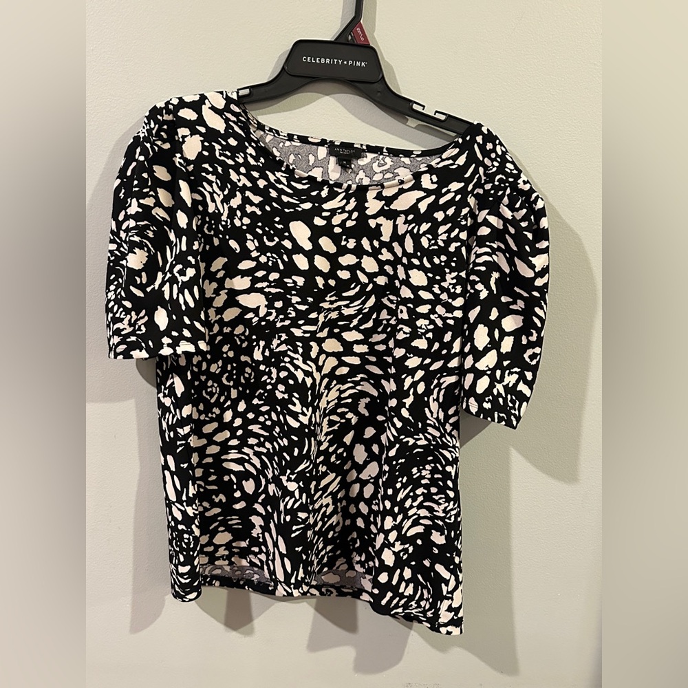 Ann Taylor Factory Black White Abstract Dot Print Puff Sleeve Top XL